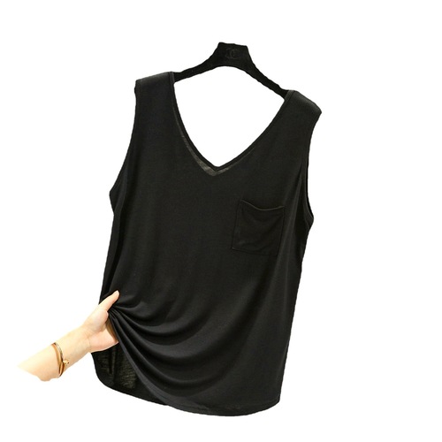 夏新款比特棉双V领口袋背心宽松宽松大码简约无袖打底衫纯色上衣