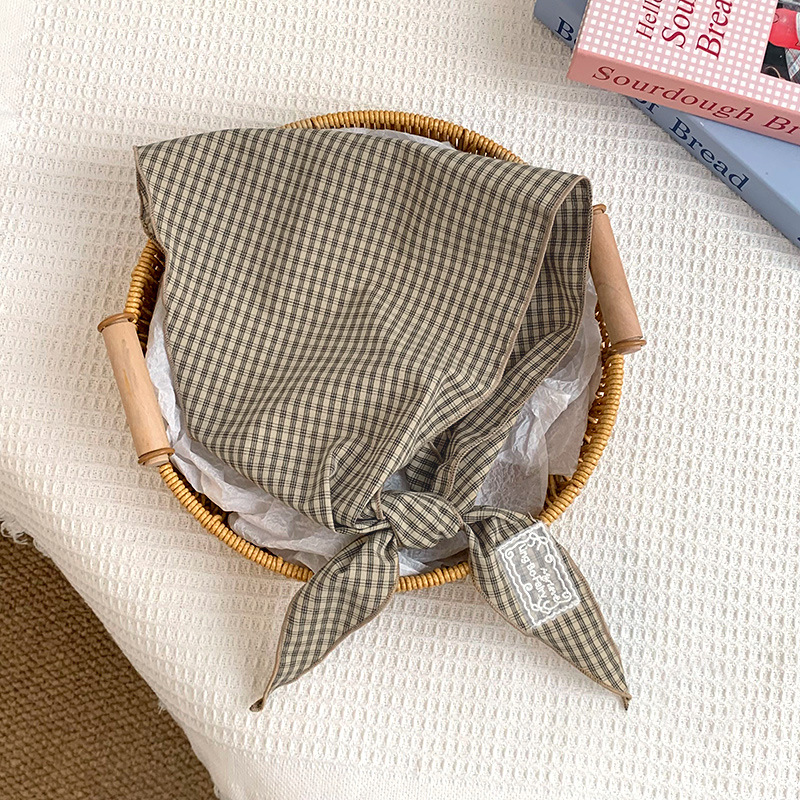 Bufanda de seda, atmósfera coreana, pañuelo a rayas a cuadros, cinturón para el cabello, decoración para el cabello, bufanda pequeña, bufanda triangular de algodón y lino, cintura