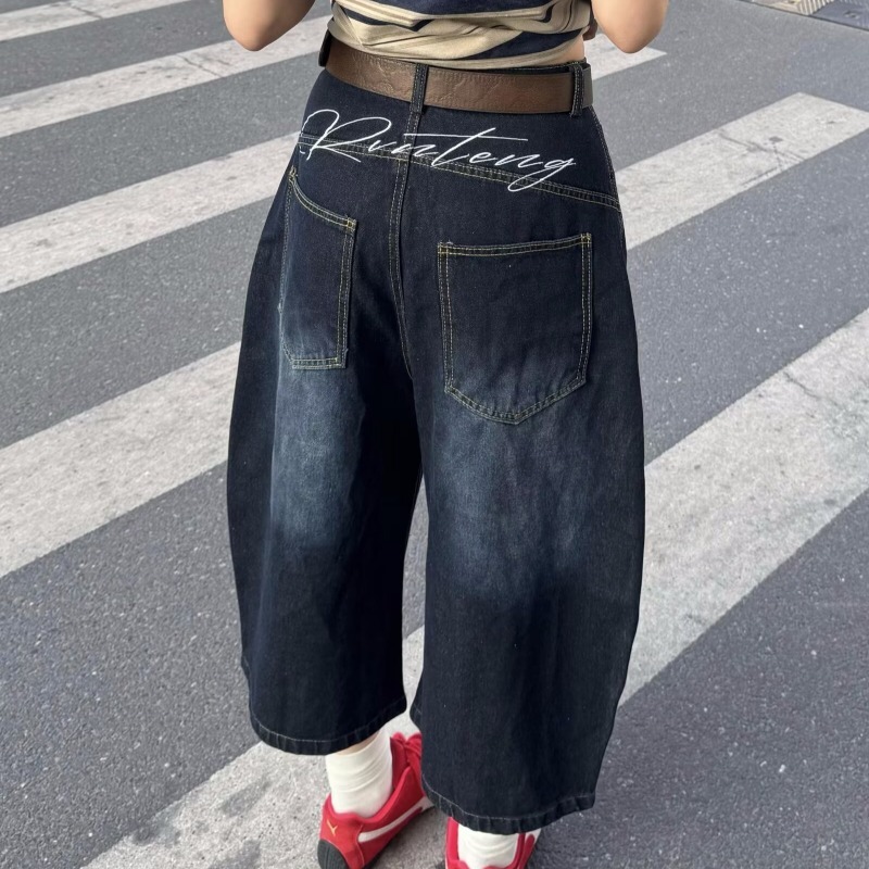 American Style Vintage Letter Embroidered Mid-length Denim Shorts Women's Summer Mid-length Pants Loose Machete Wide-leg Cropped Pants
