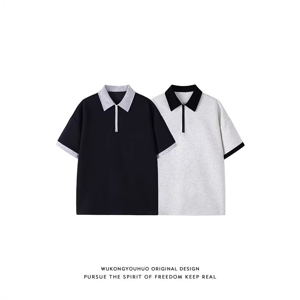Chemise homme style américain à demi-zip, manches courtes, coupe ample et confortable, col montant._voghion.com