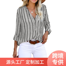 2022跨境亚马逊秋季新款女士条纹衬衫欧美外贸宽松单排扣长袖上衣