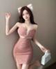 Mesh V-neck hollowed out low cut tight fitting bag with buttocks， split bottom， suspender， short dress