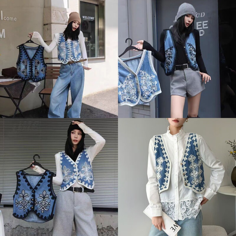 Korean-Style V-Neck Denim Layered Vest for Women, Loose Fit for Spring, Age-Reducing and Slimming, Unique Design Trendy Top