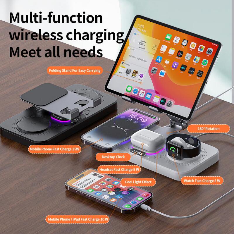 The New Wireless Charger Supports Charging of Mobile Phones, Watches, Earphones, Clocks, Colorful Lights, Tablet Stands, and Is Foldable