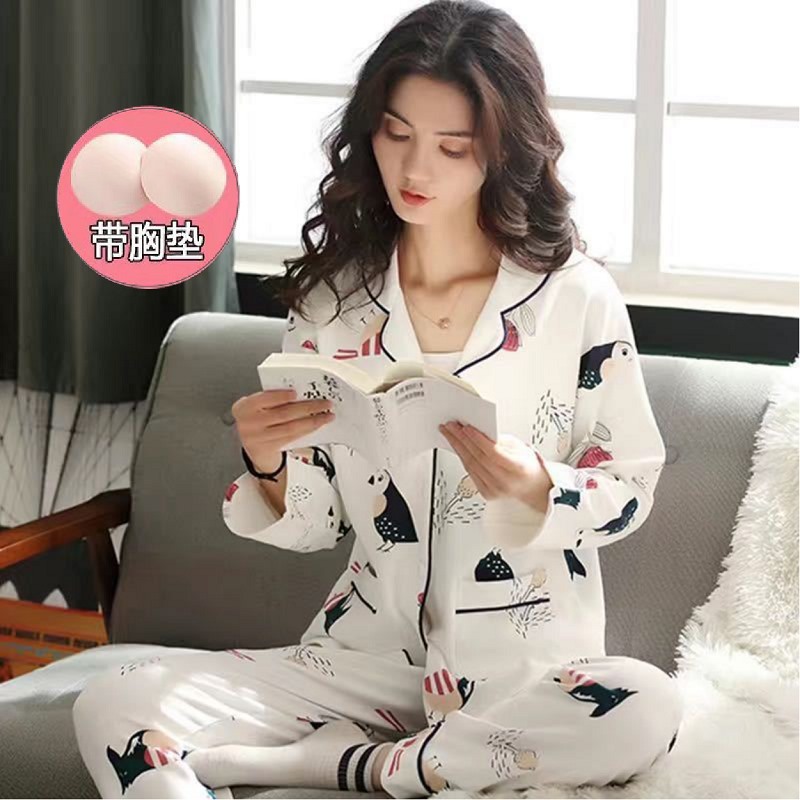 Pantalones de manga larga con almohadilla en el pecho anti-golpe de alta gama usable otoño 100% algodón Pijamas Mujer primavera y otoño homewear