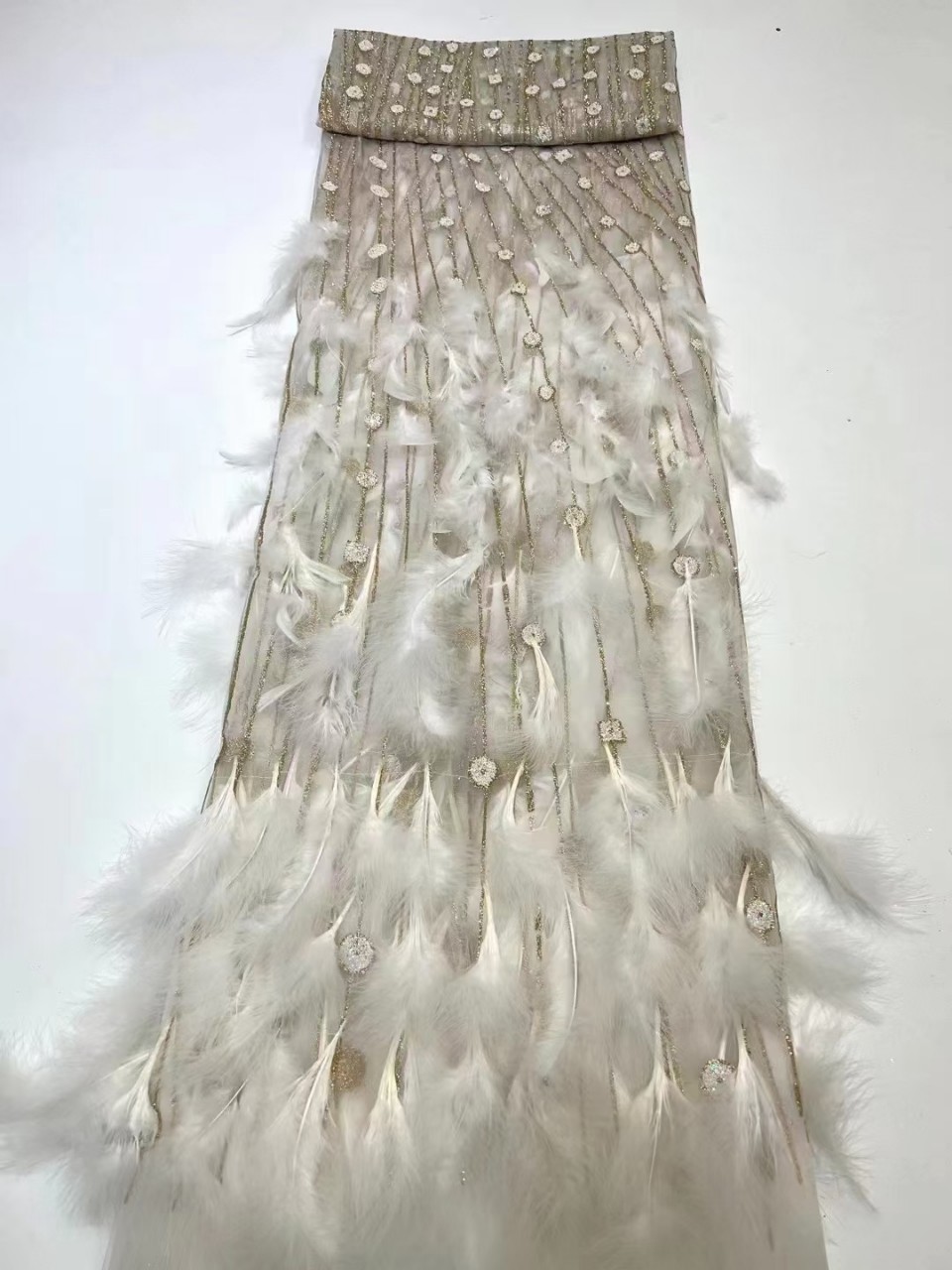 Nuevo lentejuelas pluma encaje tela modelo pasarela moda vestido de novia encaje JX2486