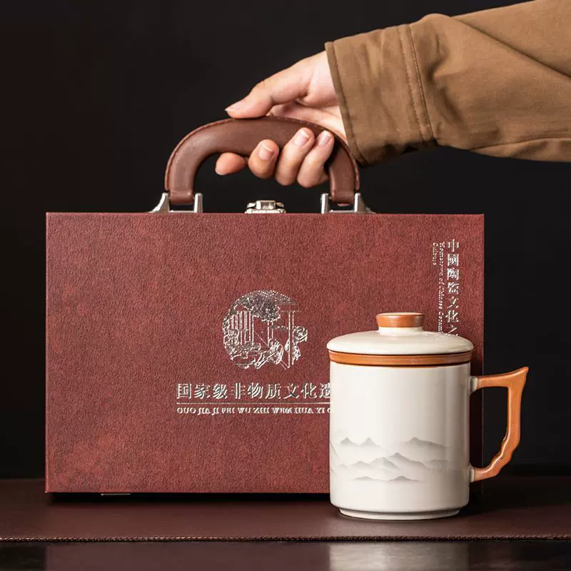 马克杯礼盒套装青花汝窑茶杯陶瓷带盖送礼带盖年会伴手礼定制logo