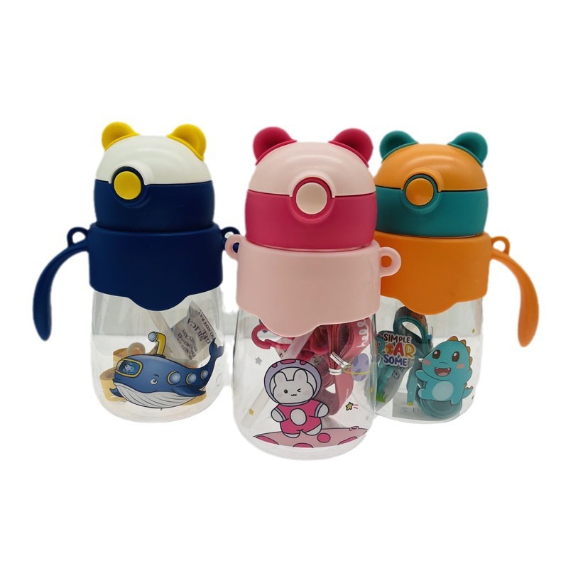 Weilong 9011 nuevos niños de plástico taza elástica cubierta de la correa Orejas de conejo de paja taza de plástico mango taza de beber al por mayor