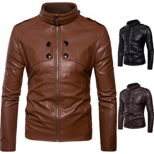 Foreign Trade New 2025 Men's Motorcycle Leather Jacket Men's Stand Collar Four-Button Washed Pu Leather Jacket Jacket