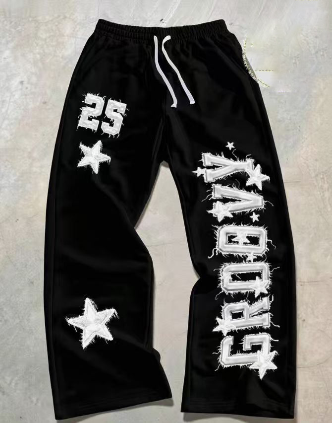 NOKOMETA American Retro Letter Star Printed Sweatpants, Trendy Brand Street Loose Drawstring Straight Sweatpants For Men And Women_voghion.com