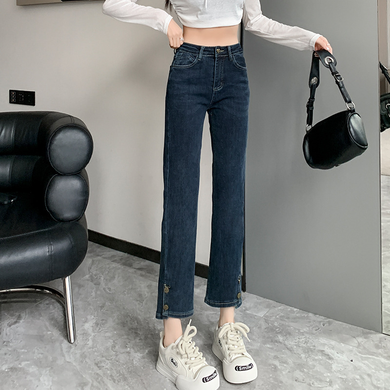 レトロブルーハイウエストジーンズレディースストレートパンツ2025秋スリムナローバージョン小柄な9点シガレットパンツ|undefined
