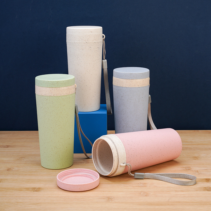 A Double-Layer Sealed Wheat Straw Cup with a Lanyard, Portable Plastic Cup, Outdoor High-Looking Water Cup Wholesale