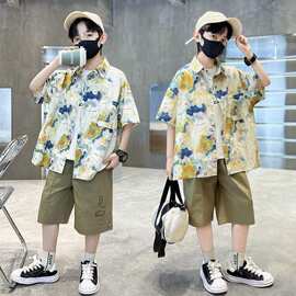 男童夏装衬衫短袖夏季2024宝宝新款儿童帅气碎花衬衣男孩三件套装