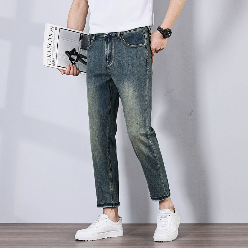 Высококачественные взрывные эластичные узкие джинсы мужские укороченные брюки 2025 весна и лето тренд дикие ретро повседневные брюки