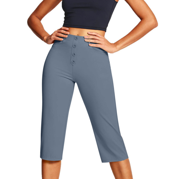 European and American Style Women's Mid-Waist Single-Breasted Cropped Pants, Stretchy Slim-Fit Straight-Leg Casual Pants with Pockets for Daily Commuting