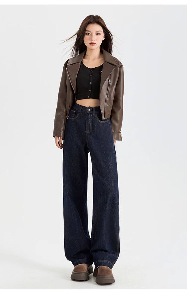 Quần jean nữ ống đứng cạp cao lót lông cừu màu xanh denim, form suông tôn dáng — Kiểu dài màu xanh đậm, Màu xanh đậm chín điểm, Màu xanh đậm kéo dài, Kiểu dài nhung dày màu xanh đậm chi tiết 16