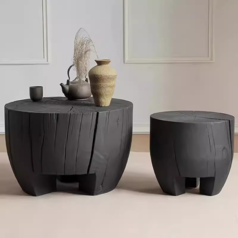 Wabi-Sabi Style Black Wooden Coffee Table for Guesthouse Living Room, Designer Home Tea Table, Modern Minimalist Natural Wood Side Table Tea Set