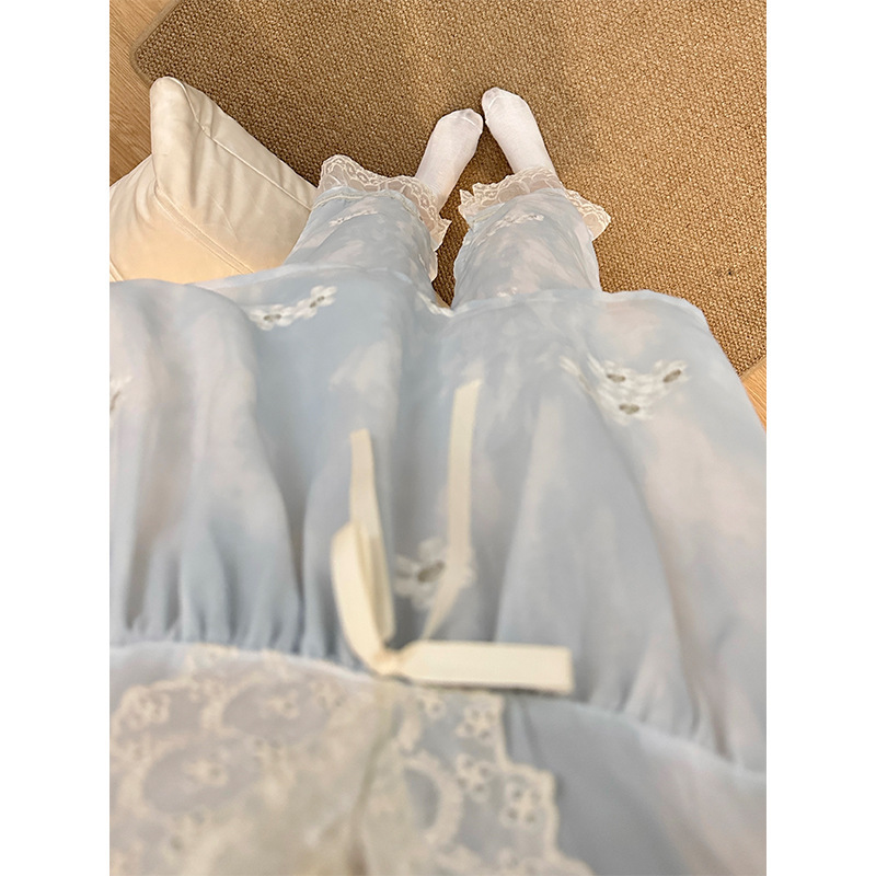 甜美少女蕾丝拼接网纱睡衣女夏季薄款大码亲肤长袖长裤家居服套装|undefined