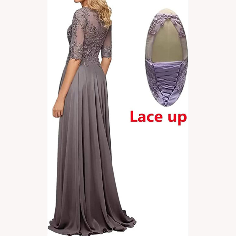 Nuevo Comercio exterior Amazon popular vestido de noche de encaje cuello redondo elegante adelgazamiento gasa largo piso-longitud vestido de banquete