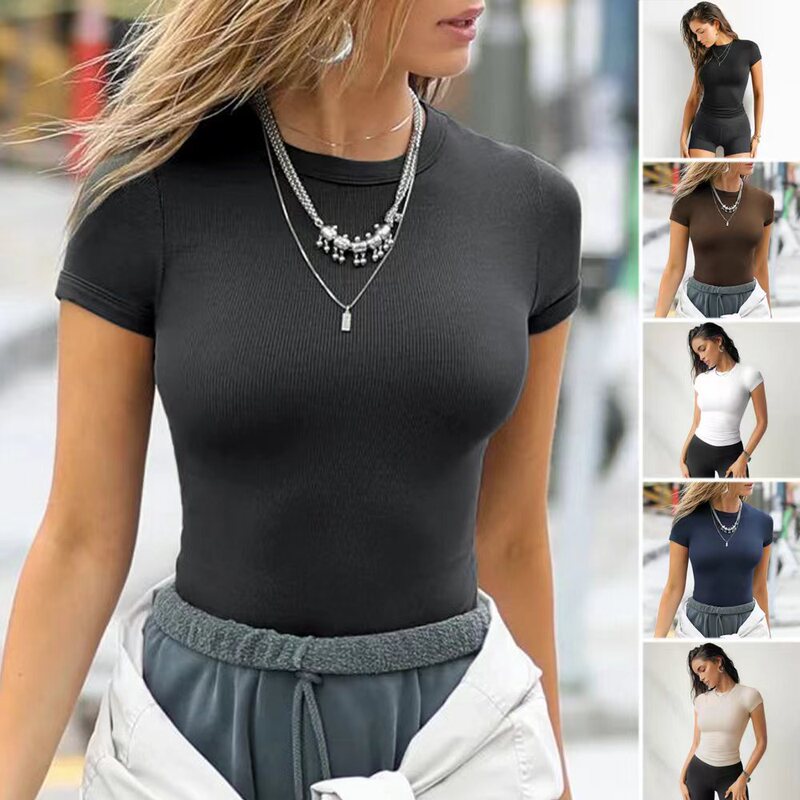 2024 Amazon Temu Cross-Border Women's Clothing European and American Thread Slim Sexy Tops Pure Color Sports Short-Sleeved T-Shirts