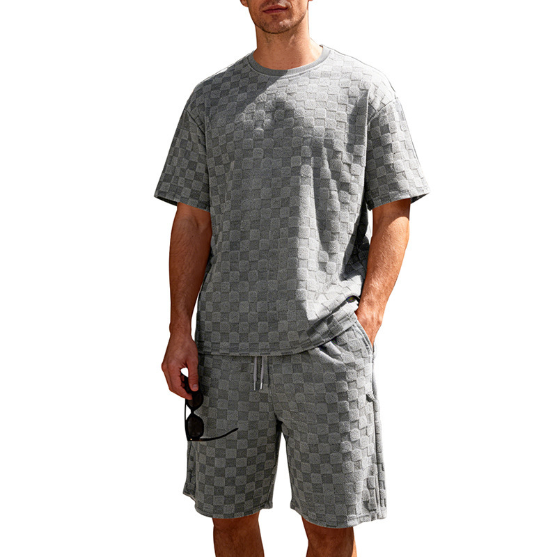 Muscle Doctor Men's Summer Jacquard Checkered Short Sleeve T-Shirt & Shorts Set, Loose Fit High Street Casual Outfit_viptrois.com