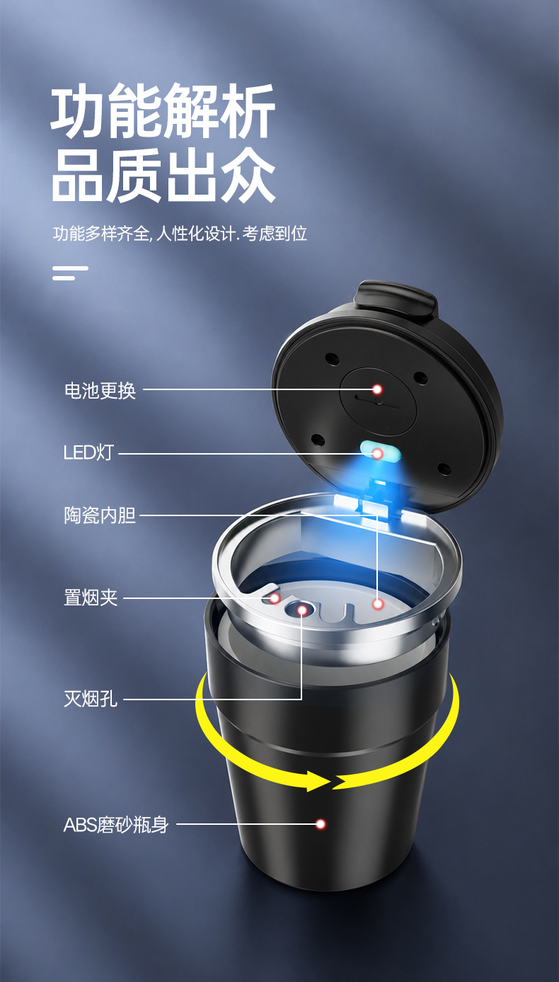 Car ashtray with flame-retardant ceramic liner, anti-ash scattering, with lid and light, for vehicle use