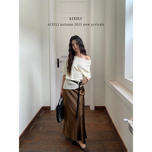 Aixili 2025 Autumn Elegant Relaxed and Lazy Style Asymmetrical Hem Versatile Knitwear (with Belt) A1368