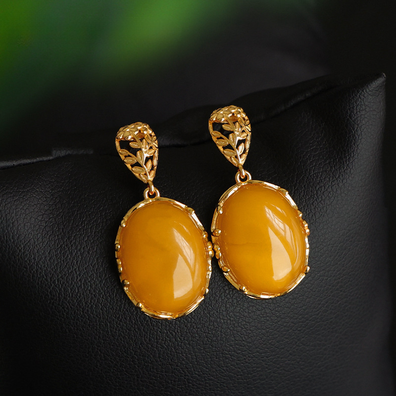 天然老蜜蜡耳环女s925纯银镀金波罗的海琥珀耳饰中古耳饰母亲节礼