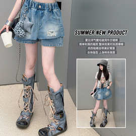 女童破洞牛仔短裤夏季薄款2026新款大儿童裙裤外穿百搭假两件短裤
