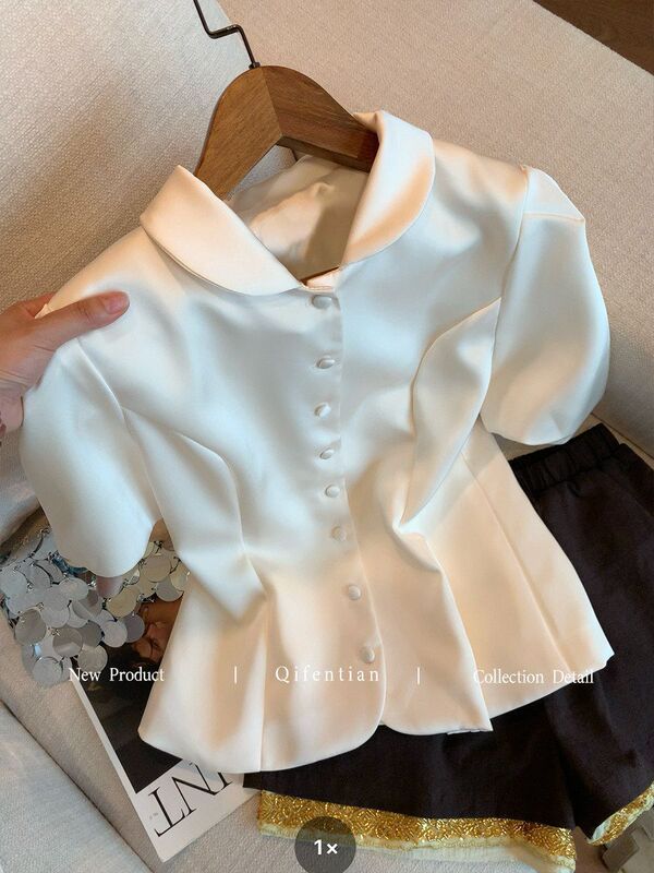 Old Money Style Pearlescent Satin Doll Collar Short-Sleeve Women's Top, 2026 Summer New French High-End Elegant Waist-Cinching Blouse