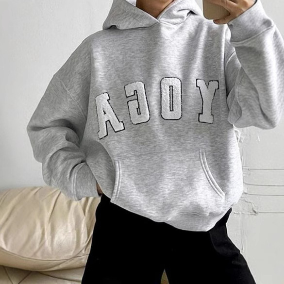 New Casual Gray Embroidered YOGA Printed Loose Hooded Women's Sweatshirt_voghion.com