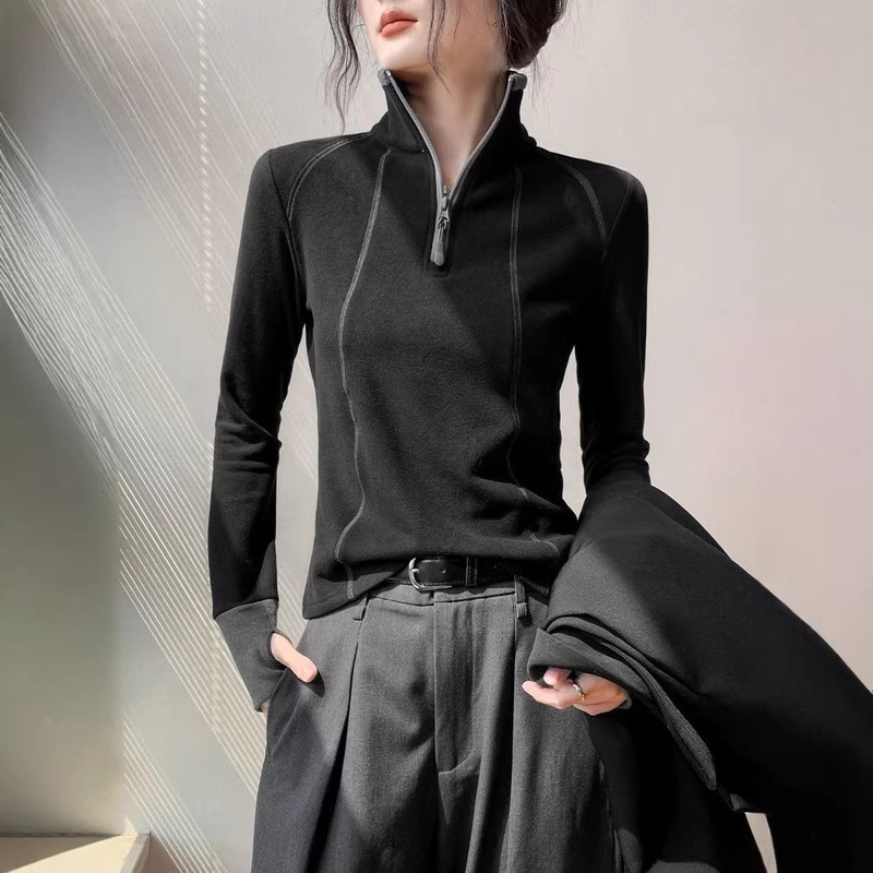 Half-Zip Stand Collar Sweatshirt Long-Sleeve Base Shirt for Women, Spring and Autumn Slim Fit, Slimming Inner Wear, Color-Blocking German Velvet Sports Style Top Half-Zip Stand Collar Sweatshirt Long-Sleeve Base Shirt for Women, Spring and Autumn Slim Fit, Slimming Inner Wear, Color-Blocking German Velvet Sports Style Top