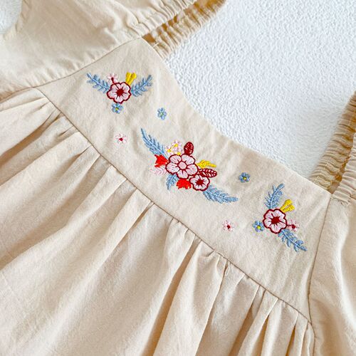 INS  Summer Infant and Toddler Girls Flower Embroidered Skirt + Cotton Big Flying Sleeve Harness Sisters Outfit