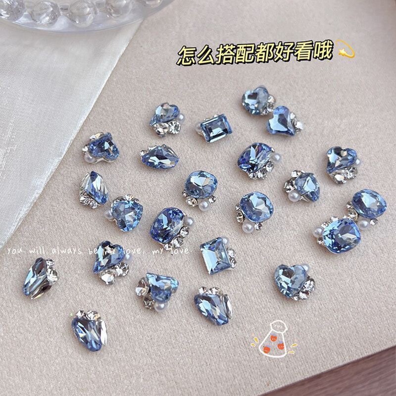 New Blue Nail Art Finished Product with Crooked Heart, Rectangular Heart, Fat Square Ax Drill, Super Shiny, Light Luxury, Versatile Pearl Crystal
