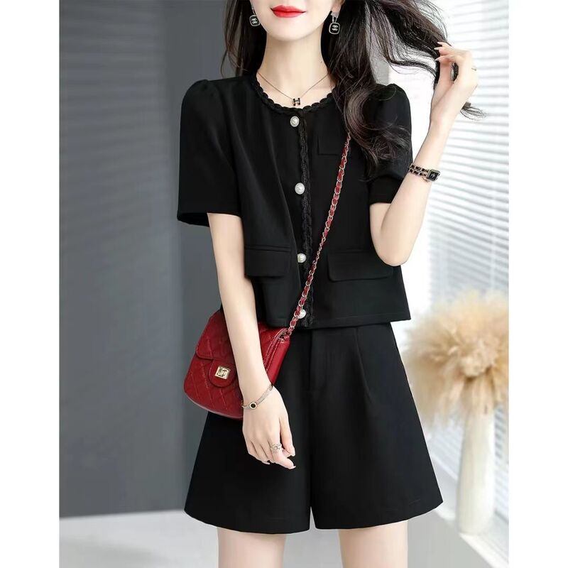 French Casual Shorts Suit for Women 2025 Summer Small Fragrance Cool Black Simple Short-Sleeved Shirt Two-Piece Set Summer
