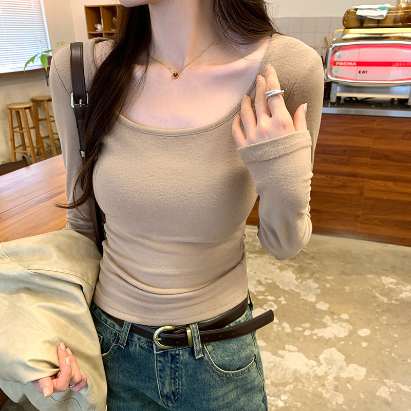 带胸垫修身打底衫女春秋内搭新款方领长袖高级感低领白色t恤上衣|undefined
