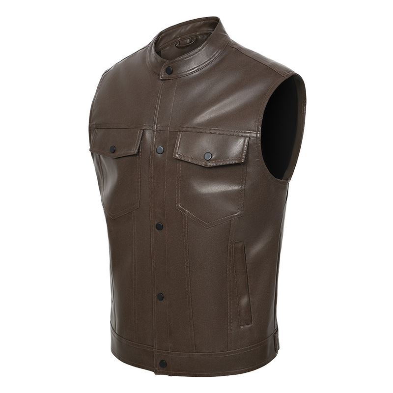 Cross-Border New Men's Motorcycle Multi-Pocket Pu Men's Casual Vest Sleeveless Stand Collar Jacket Retro Large Size