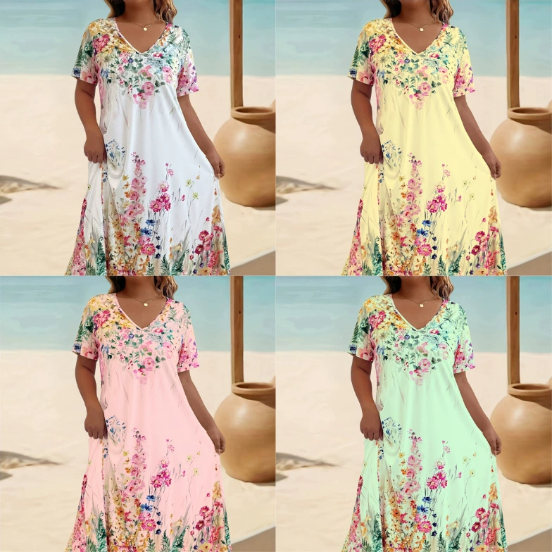 Лето 2025 г., европейское и американское трансграничное модное повседневное платье Amazon с v-образным вырезом и короткими рукавами, свободное утягивающее платье с принтом.