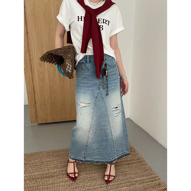 ICC 水洗甩点工艺散边牛仔半身裙复古潮流破洞长裙夏季新款600537