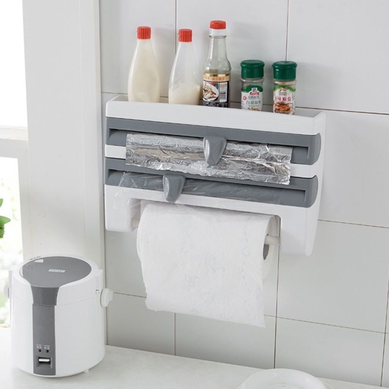 Wall-mounted cling film cutter, kitchen paper towel holder, cling film and aluminum foil cutter box, no-drill storage shelf