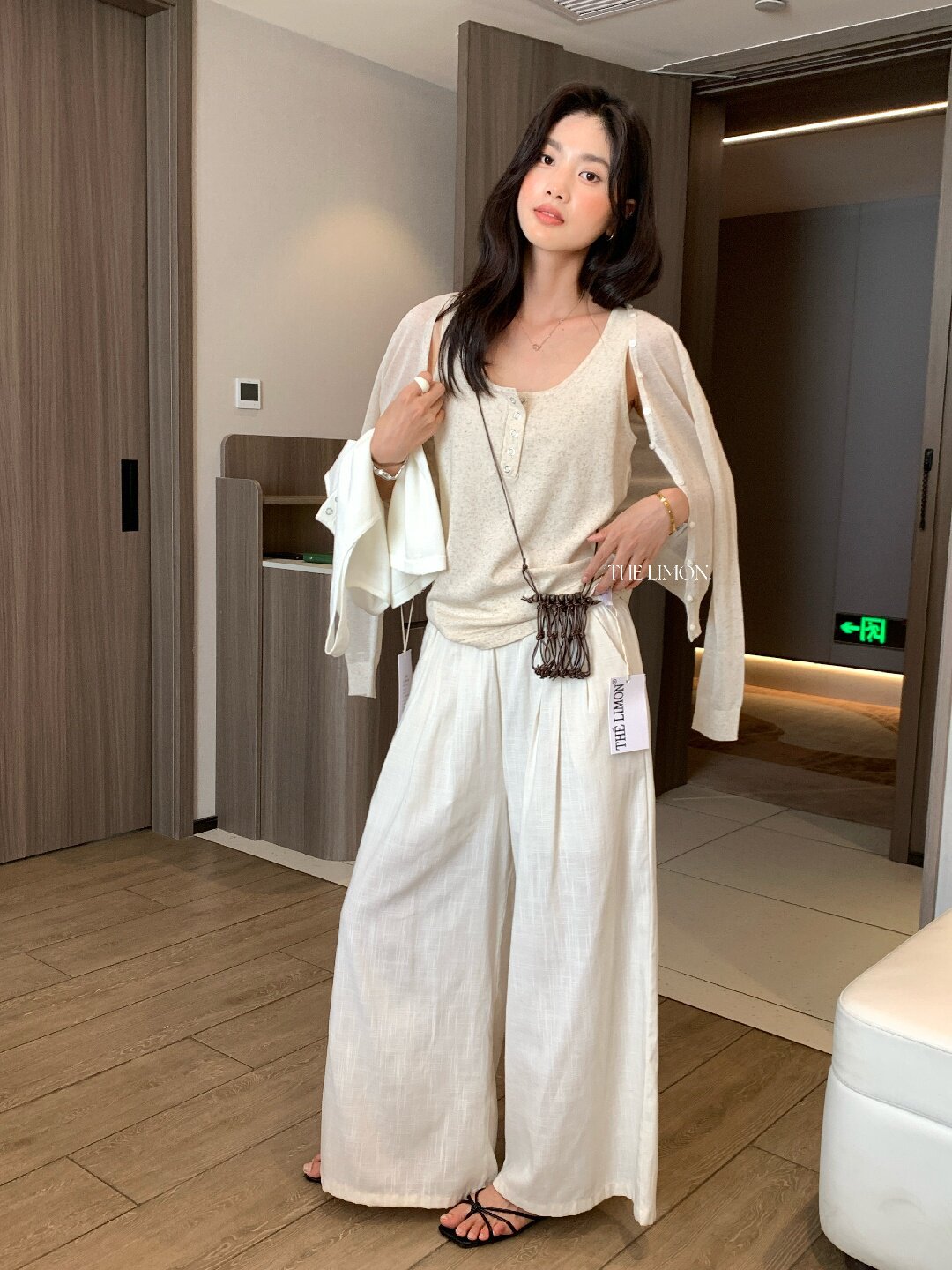 Quần ống rộng nữ vải linen phối cotton dáng suông mùa hè — Xám gạo, Xanh xám nhạt, Xanh đen, Cam bí ngô chi tiết 69