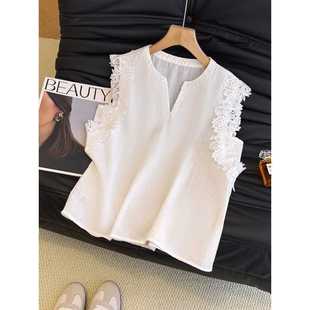 White Cut Out Lace Flying Sleeve Linen Top for Women Summer New Style Gentle and Slim V Neck Thin Shirt