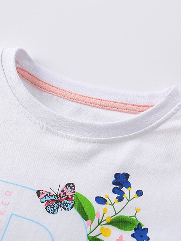 Malwee niñas dos piezas de verano ropa infantil europea y americana cuello redondo mangas cortas pantalones de cintura elástica impresión de aire extranjero conjunto infantil