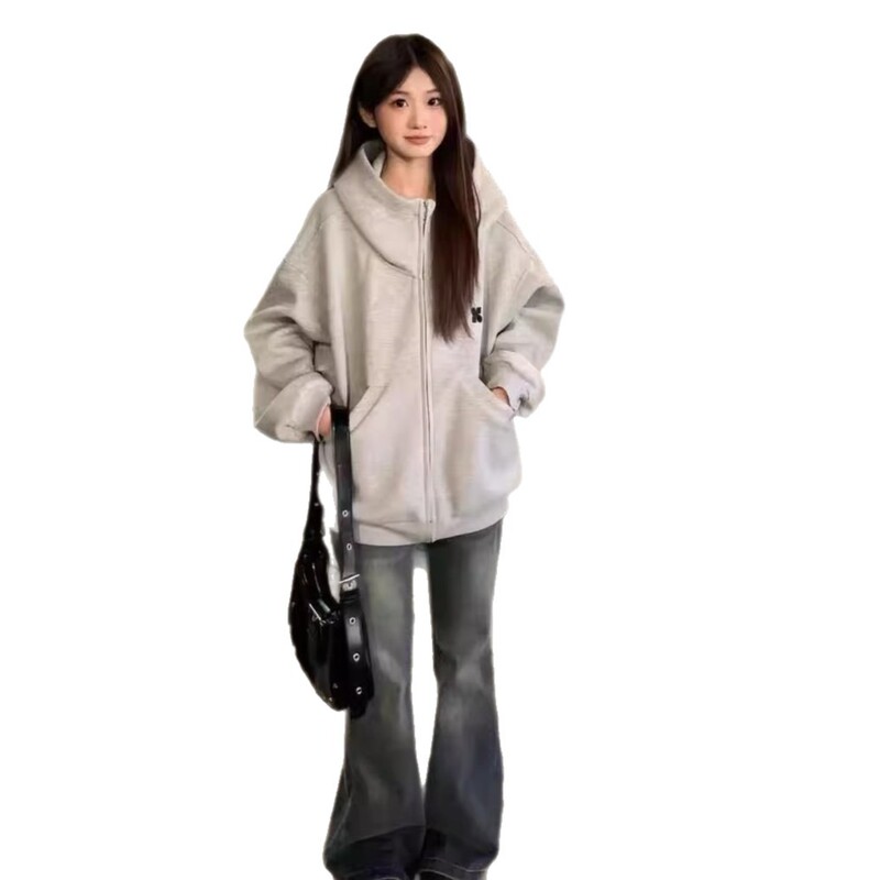 美式复古灰色高领连帽卫衣女宽松oversize慵懒风开衫学院风外套潮|undefined