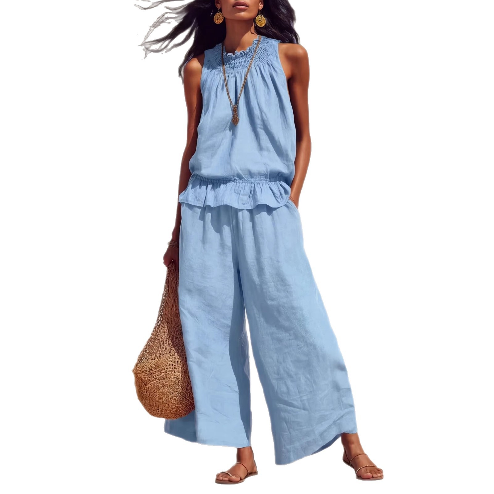 Women's Clothing American Style Women's Ruffled Cotton Linen Two Piece Set Retro Bohemian Spring Summer New Arrivals_ecoleips.com