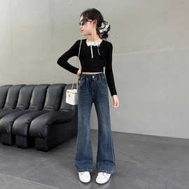 女童微喇牛仔裤春季2026新款中大童后袋花边珍珠修身牛仔喇叭裤