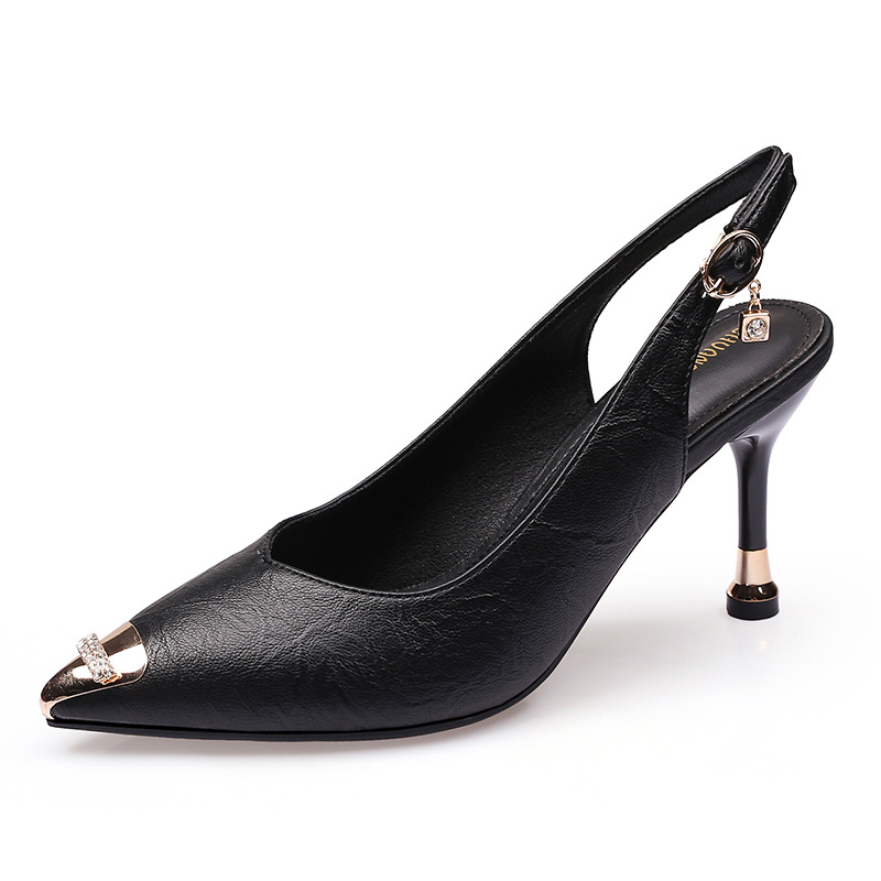 New Spring And Autumn Soft Leather Thin Heel Pointed Toe Mid-Heel Women, Sexy Rhinestone Iron-Toe High-Heel Backless_vogvips.com