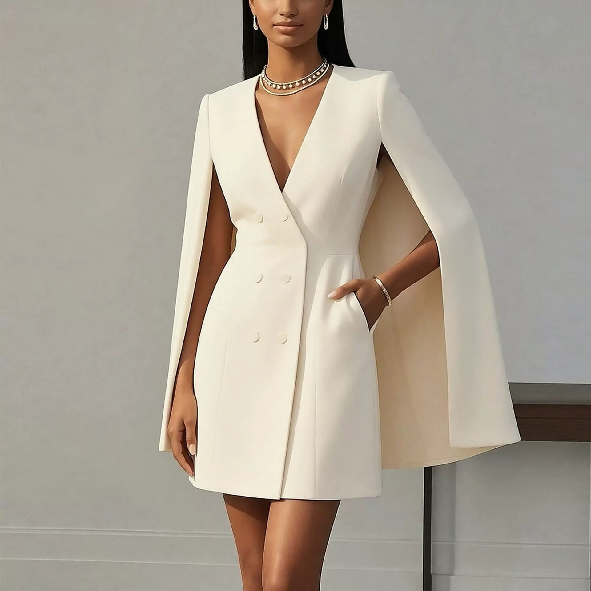 2026欧美亚马逊跨境新款气质通勤双排扣披肩斗篷纯色西装连衣裙