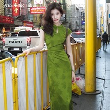 西遇新中式改良旗袍女2025年夏季新款提花水滴领修身无袖连衣裙