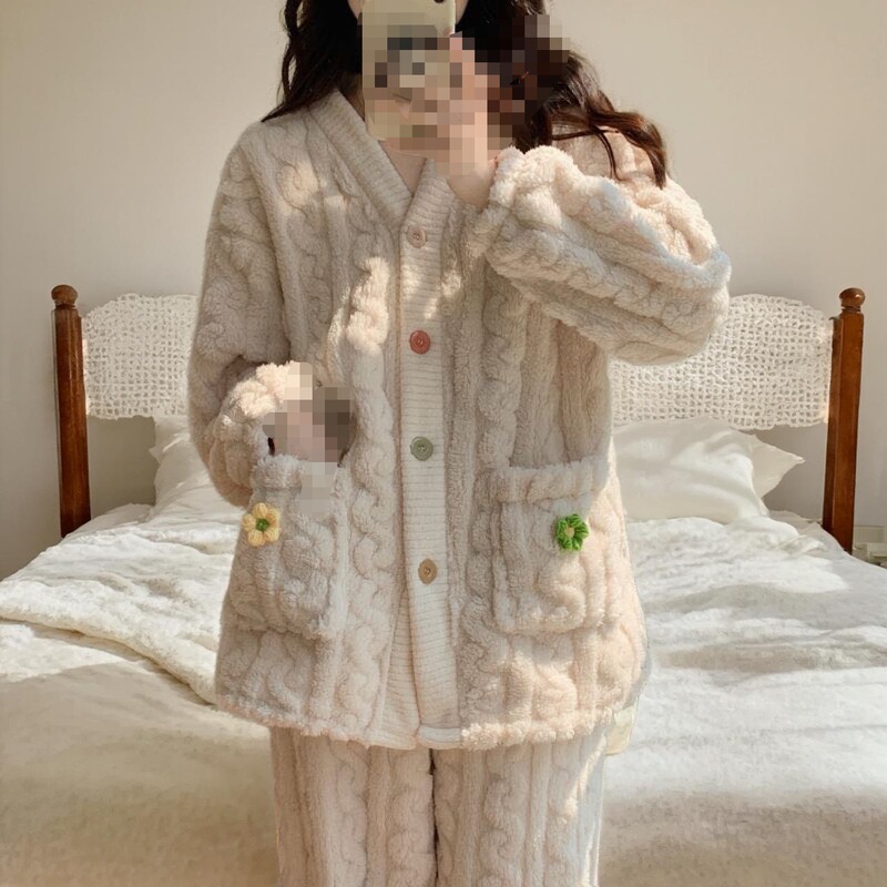 冬季加厚珊瑚绒提花睡衣女可外穿开衫两件套装长袖长裤甜美家居服|undefined